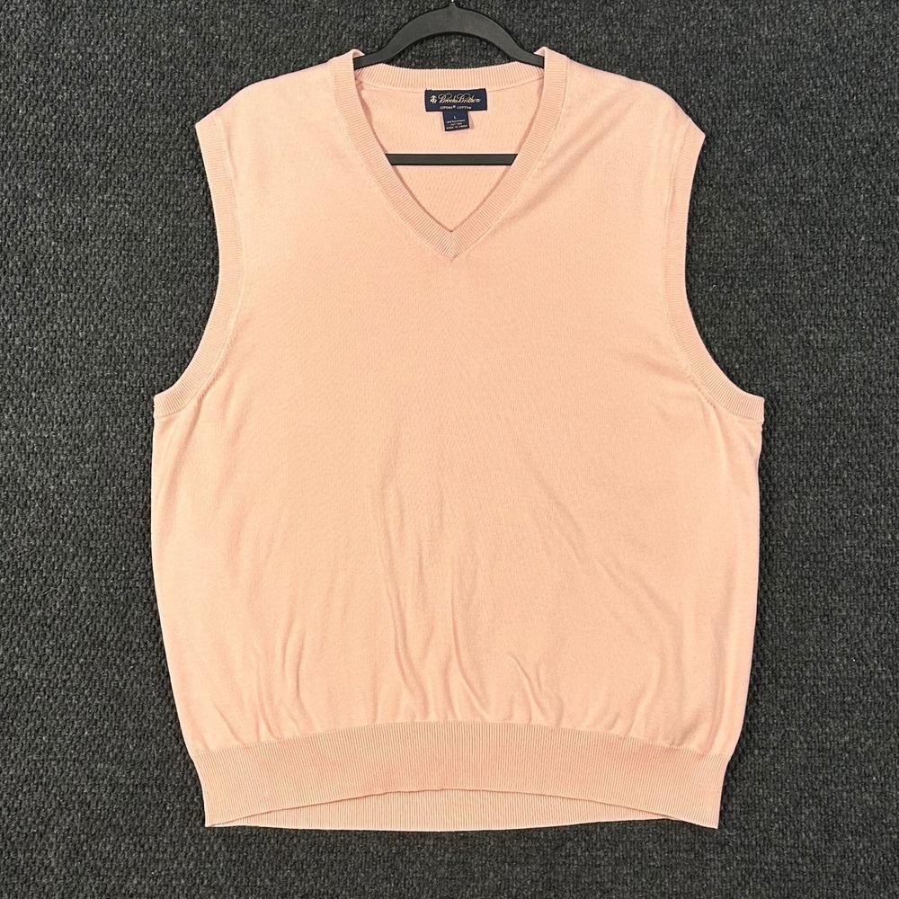 Brooks Brothers Sweater Vest Mens L Pink Supima Cotton V-Neck Ribbed Hem